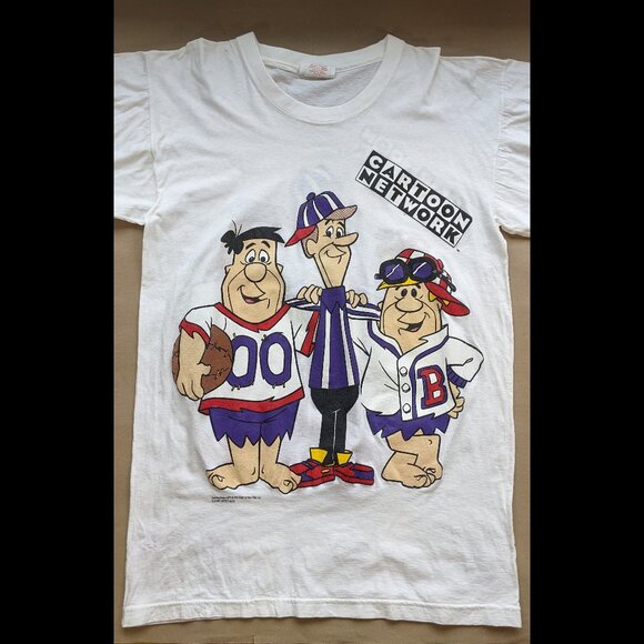 Vintage Cartoon Network T-Shirt AOP Flintstones Scooby Jetson Double-Sided 90s S - Picture 1 of 9